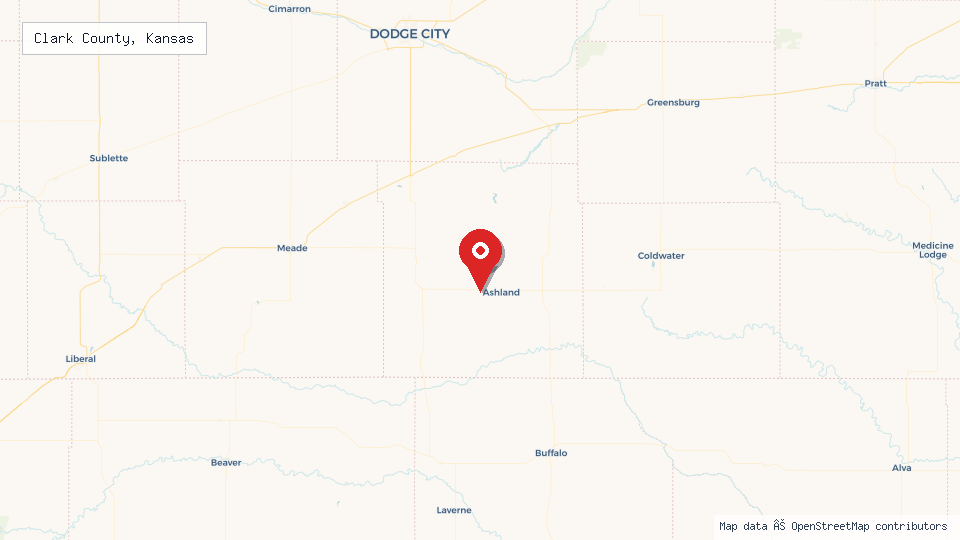Street map of Clark County, Kansas with location pin