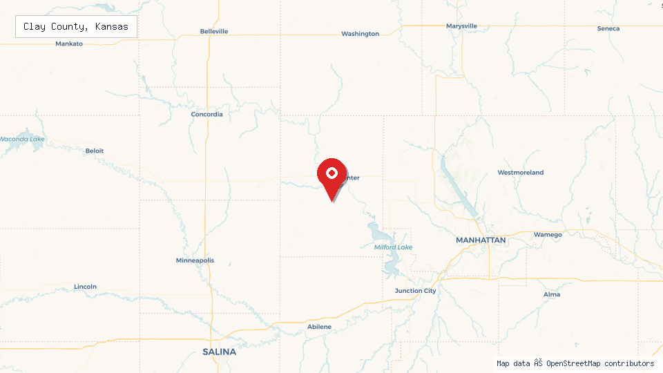 Street map of Clay County, Kansas with location pin