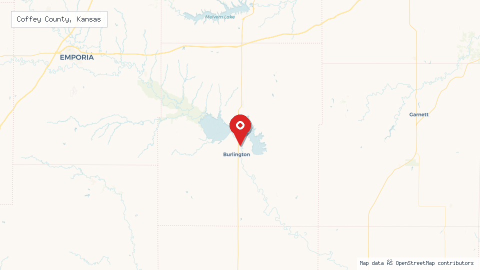 Street map of Coffey County, Kansas with location pin