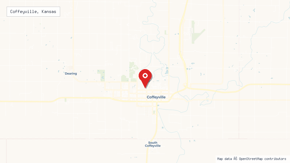 Street map of Coffeyville, Kansas with location pin