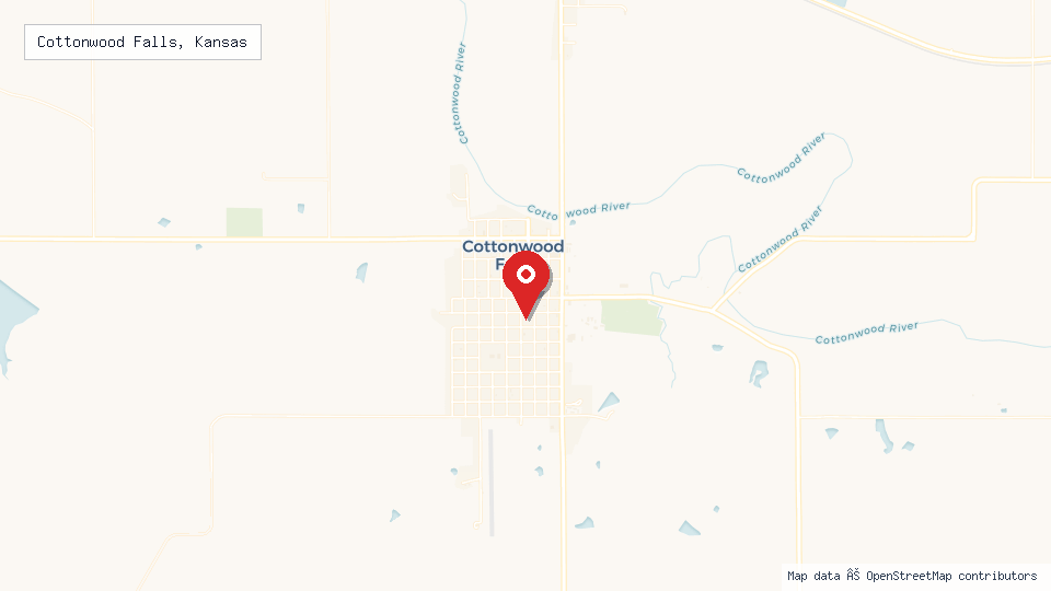 Street map of Cottonwood Falls, Kansas with location pin