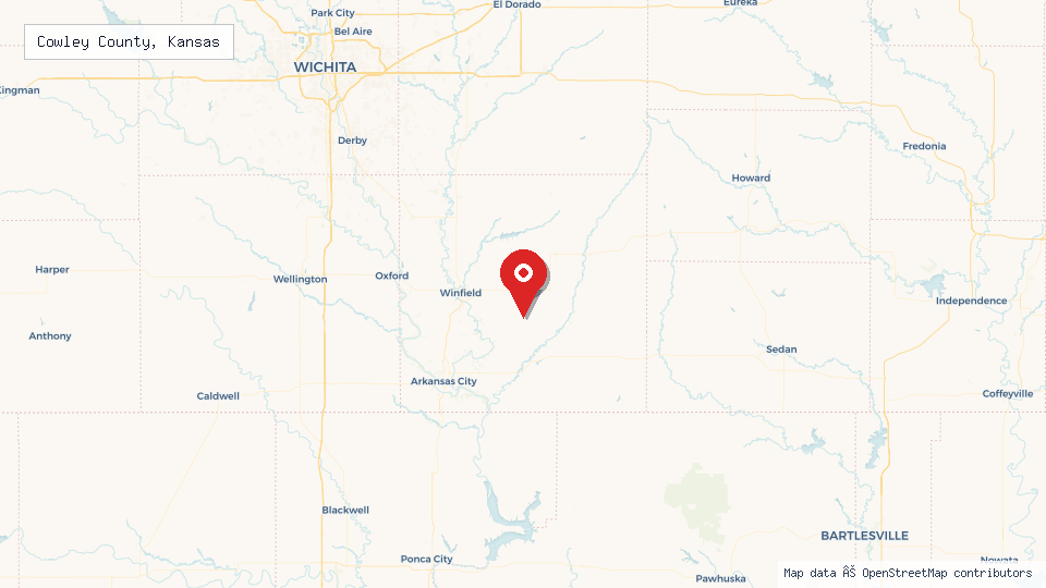 Street map of Cowley County, Kansas with location pin