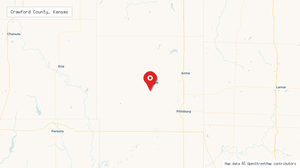 Street map of Crawford County, Kansas with location pin