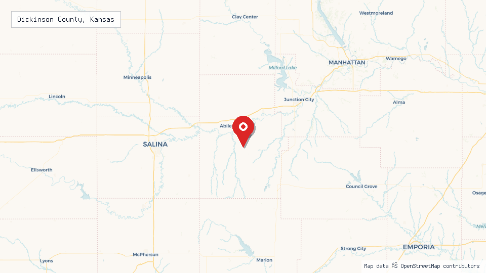 Street map of Dickinson County, Kansas with location pin