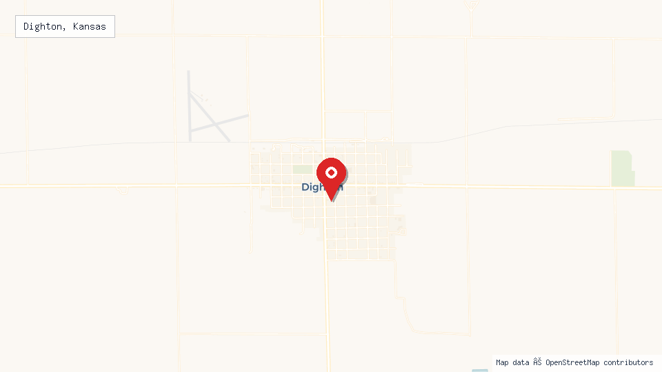 Street map of Dighton, Kansas with location pin