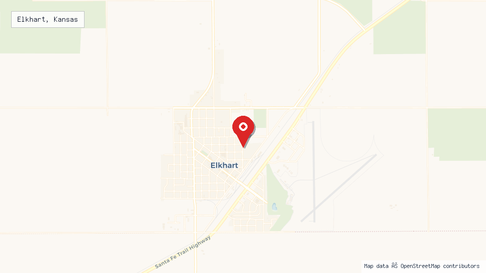 Street map of Elkhart, Kansas with location pin