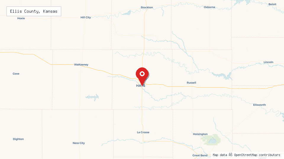 Street map of Ellis County, Kansas with location pin