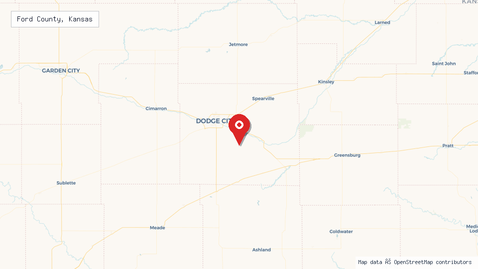 Street map of Ford County, Kansas with location pin