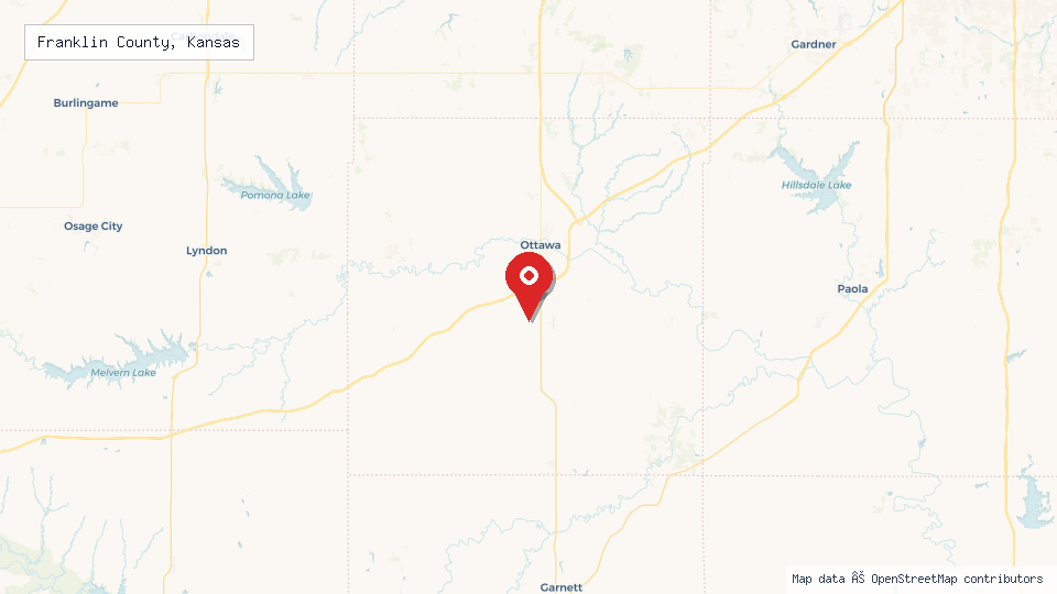 Street map of Franklin County, Kansas with location pin