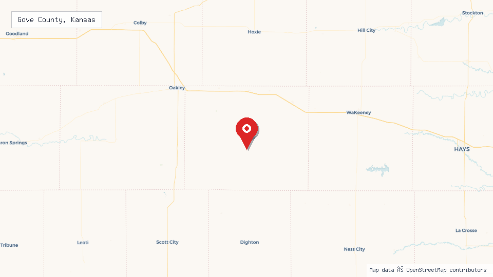Street map of Gove County, Kansas with location pin