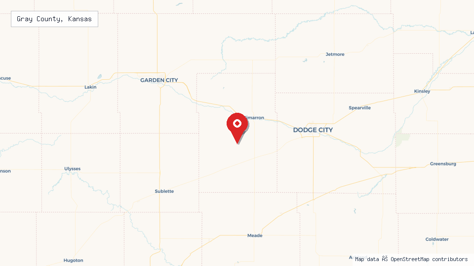 Street map of Gray County, Kansas with location pin