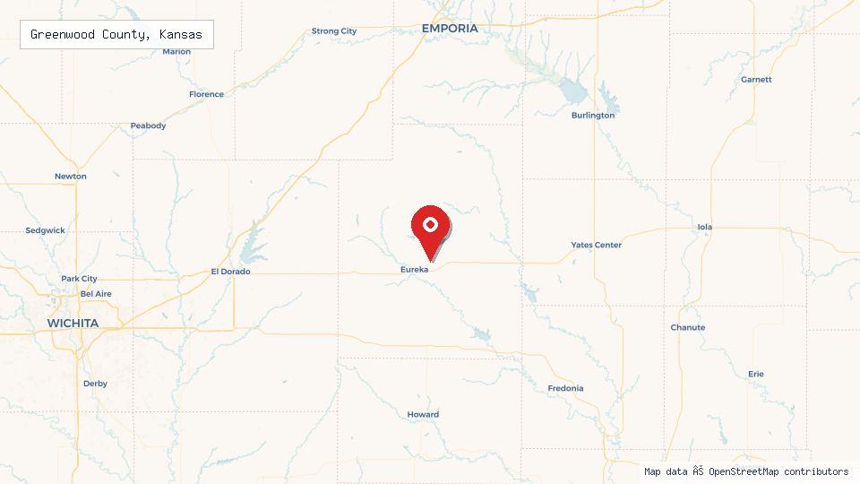 Street map of Greenwood County, Kansas with location pin