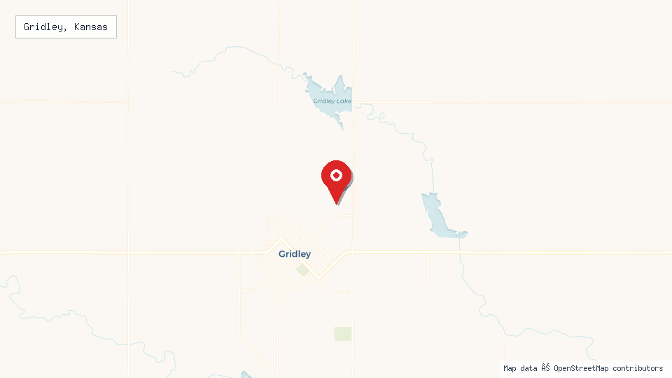 Street map of Gridley, Kansas with location pin