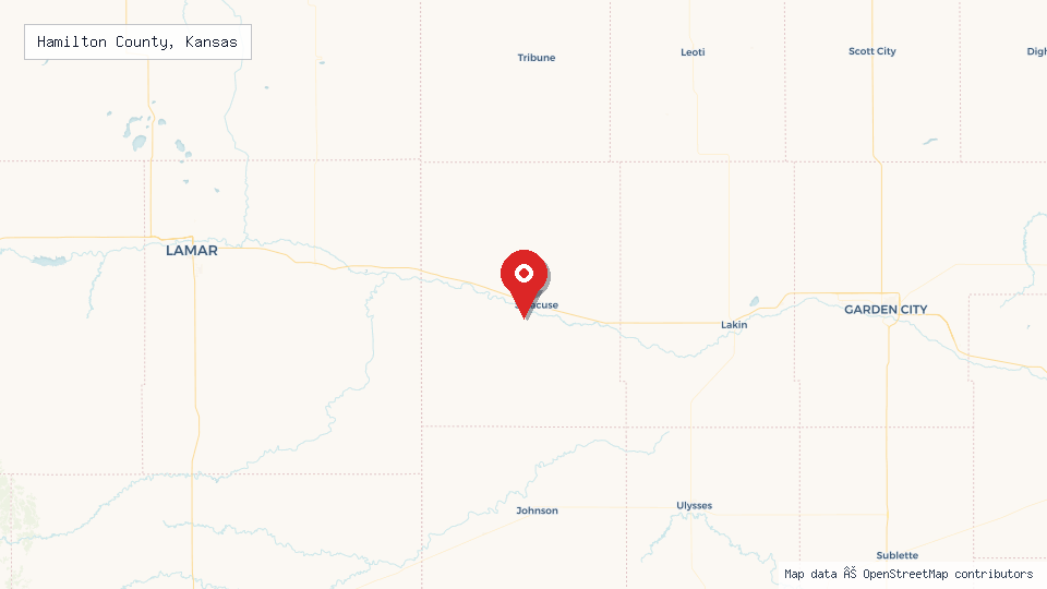 Street map of Hamilton County, Kansas with location pin