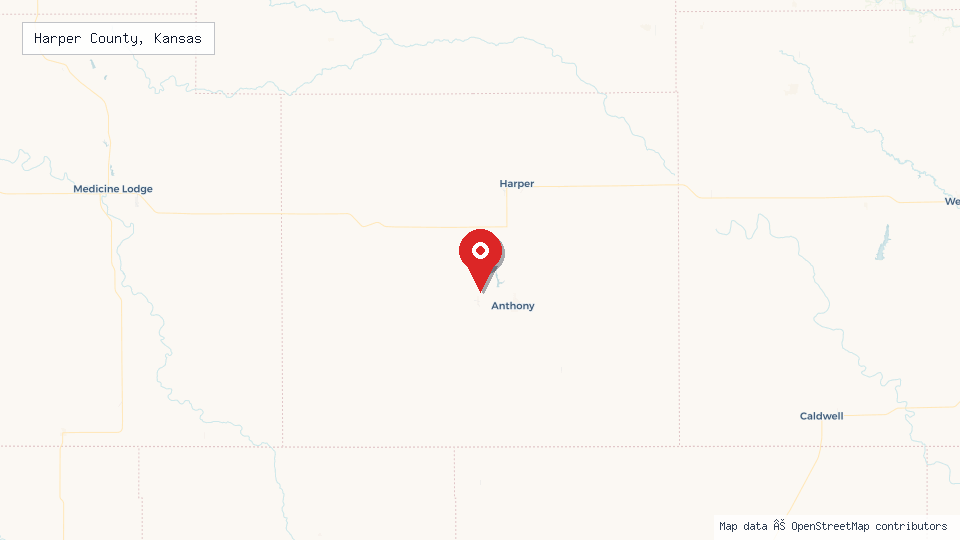 Street map of Harper County, Kansas with location pin