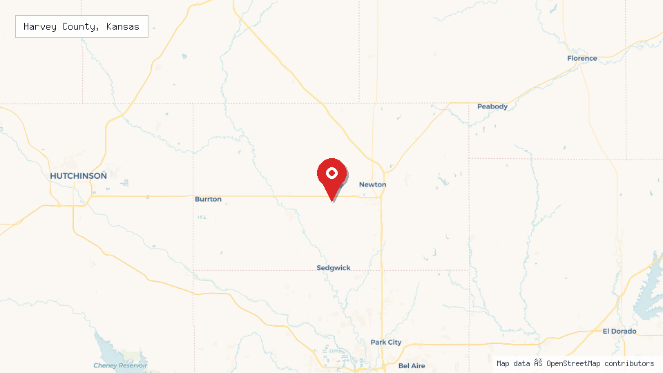 Street map of Harvey County, Kansas with location pin