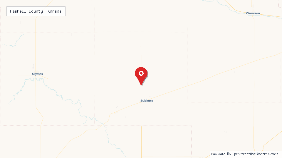 Street map of Haskell County, Kansas with location pin