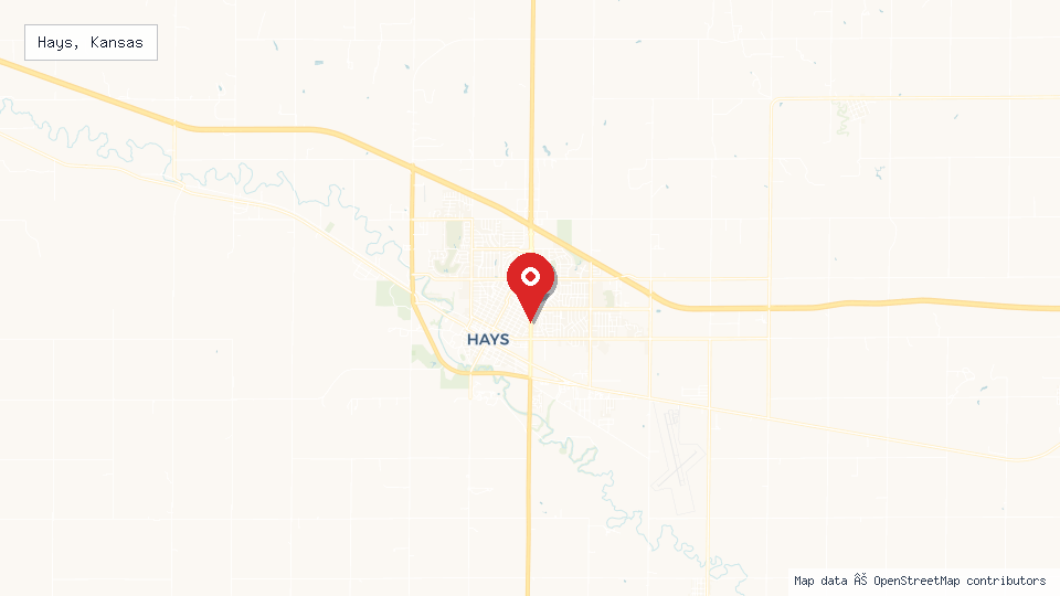 Street map of Hays, Kansas with location pin