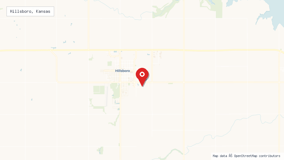 Street map of Hillsboro, Kansas with location pin
