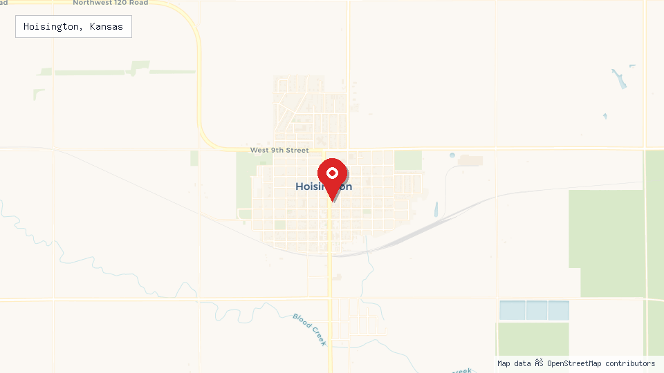 Street map of Hoisington, Kansas with location pin