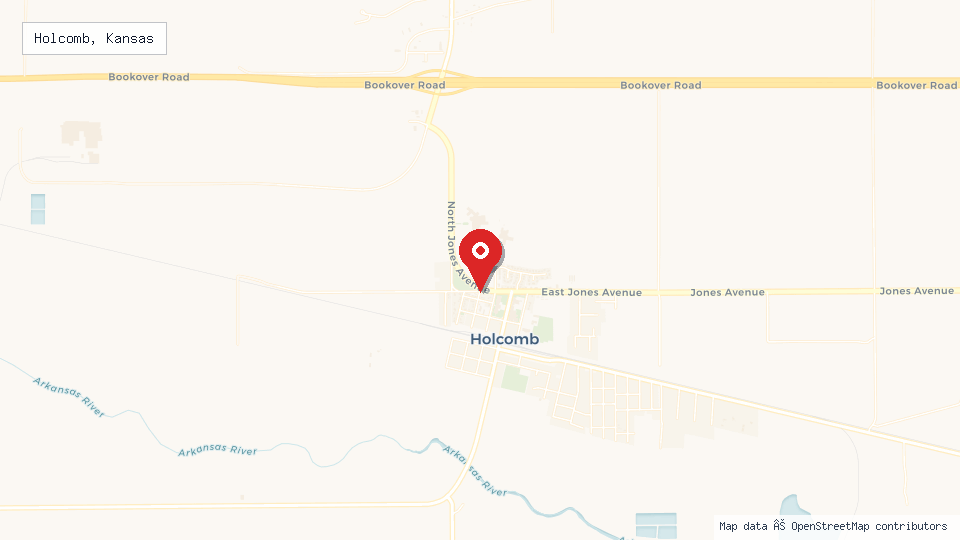 Street map of Holcomb, Kansas with location pin