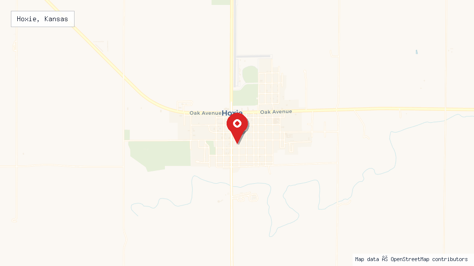 Street map of Hoxie, Kansas with location pin