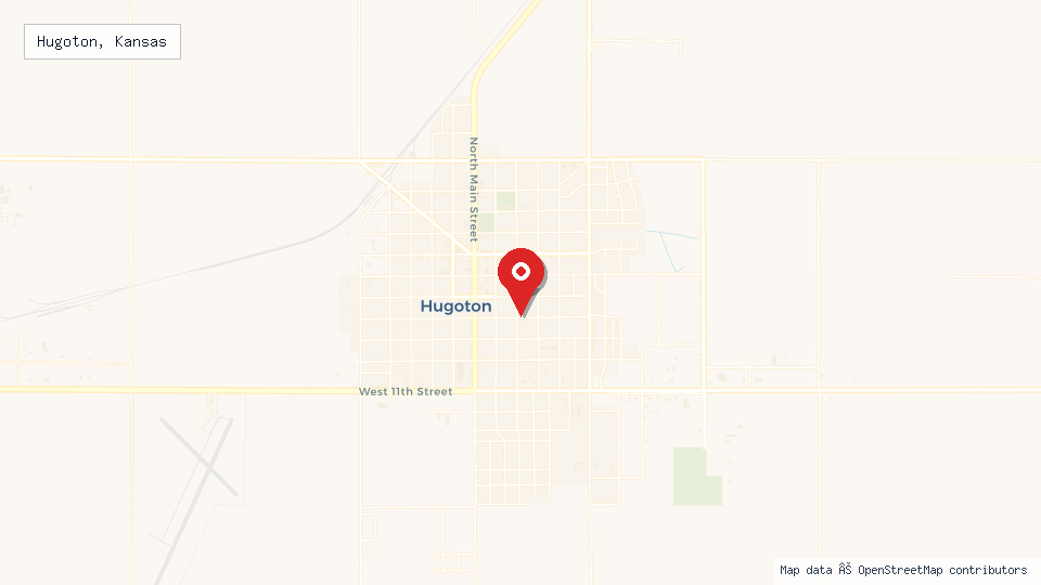 Street map of Hugoton, Kansas with location pin