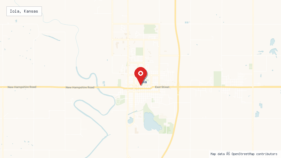 Street map of Iola, Kansas with location pin