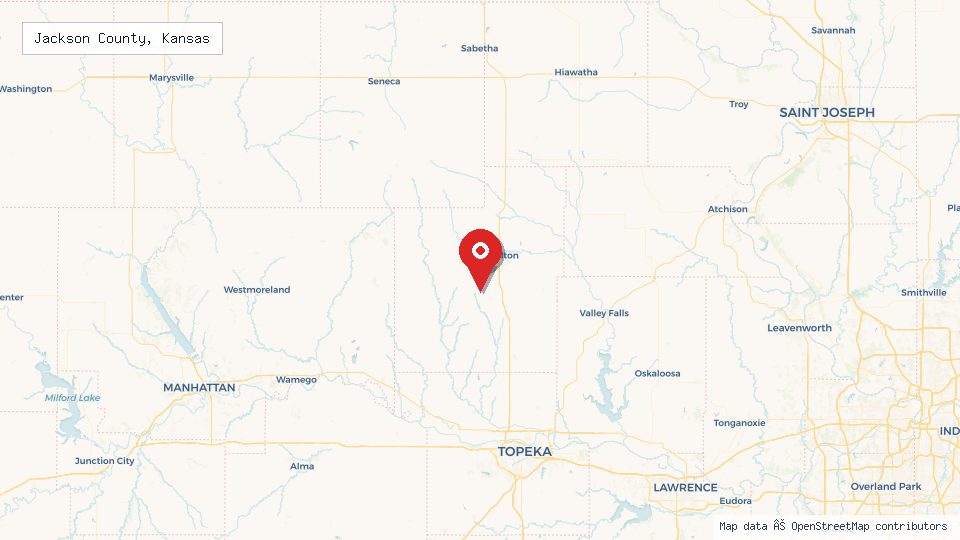 Street map of Jackson County, Kansas with location pin