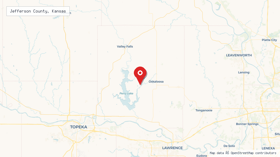 Street map of Jefferson County, Kansas with location pin