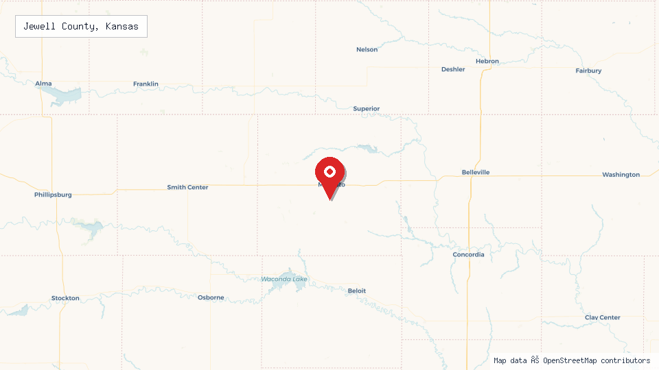 Street map of Jewell County, Kansas with location pin