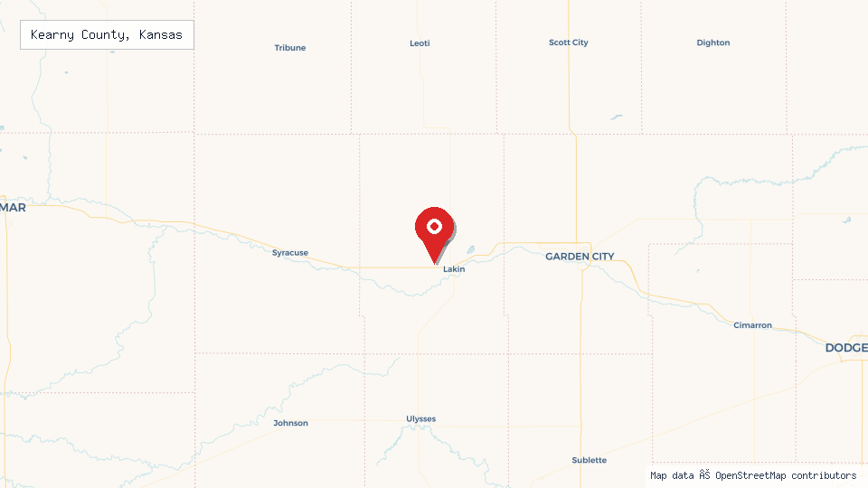 Street map of Kearny County, Kansas with location pin