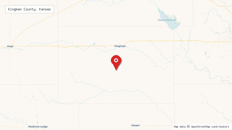 Street map of Kingman County, Kansas with location pin