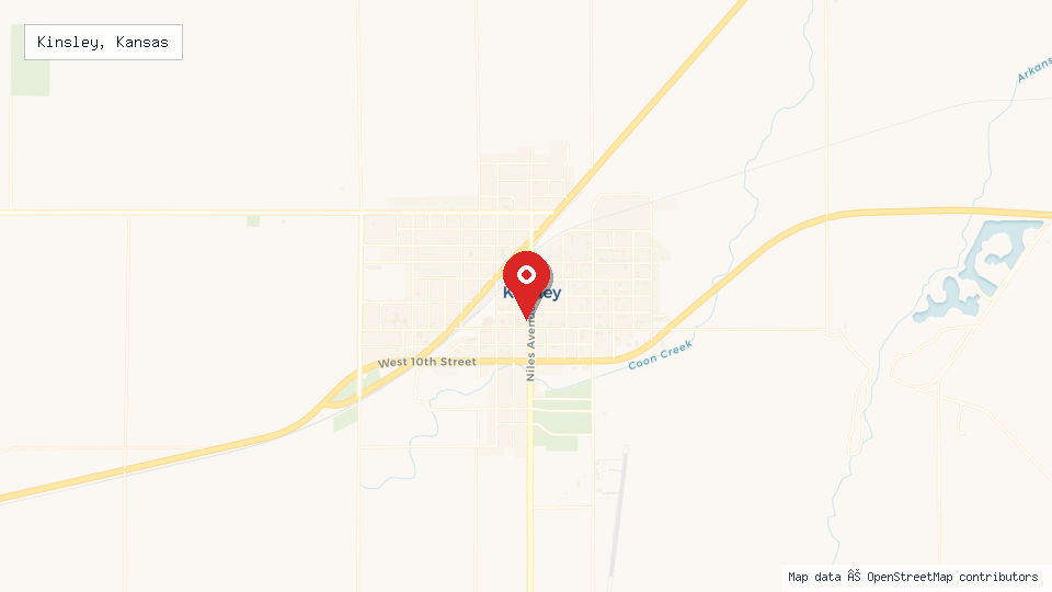 Street map of Kinsley, Kansas with location pin