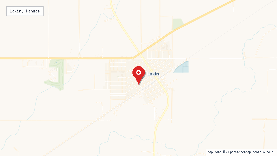 Street map of Lakin, Kansas with location pin