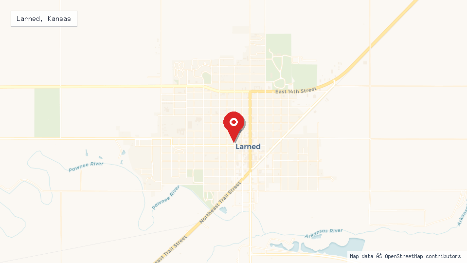 Street map of Larned, Kansas with location pin