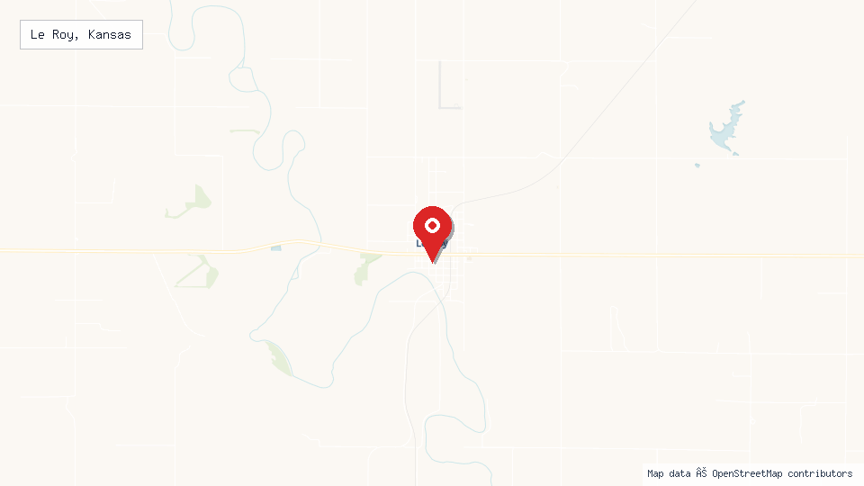 Street map of Le Roy, Kansas with location pin