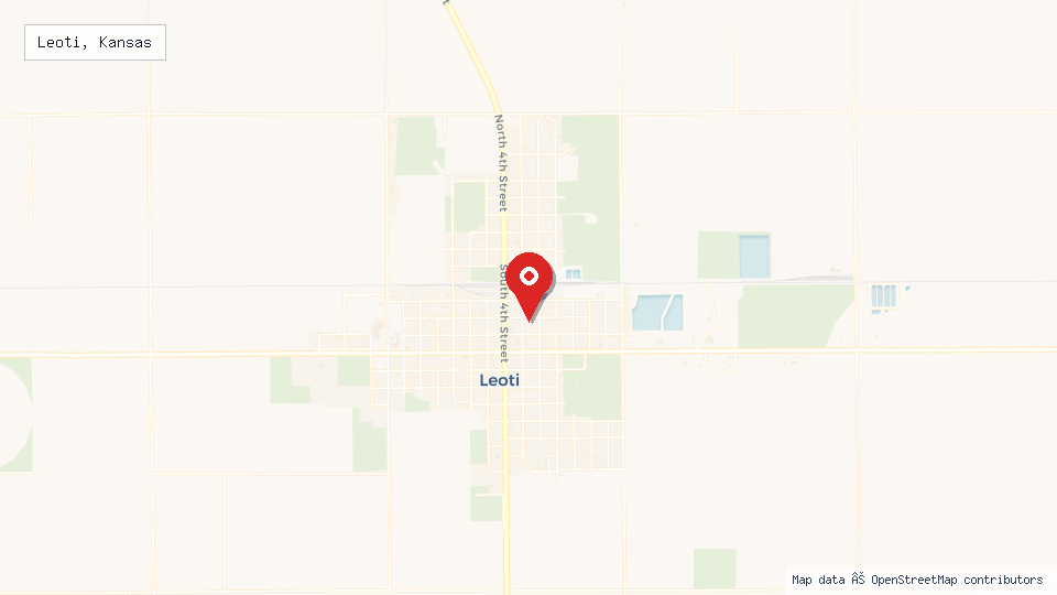 Street map of Leoti, Kansas with location pin