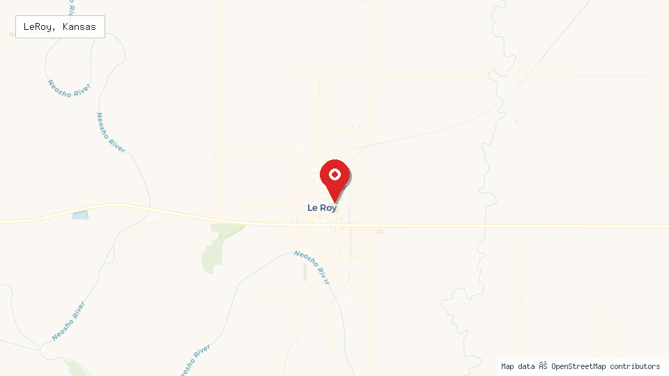 Street map of LeRoy, Kansas with location pin