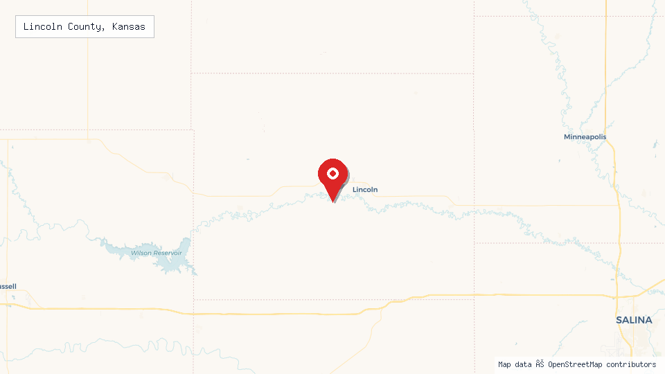 Street map of Lincoln County, Kansas with location pin