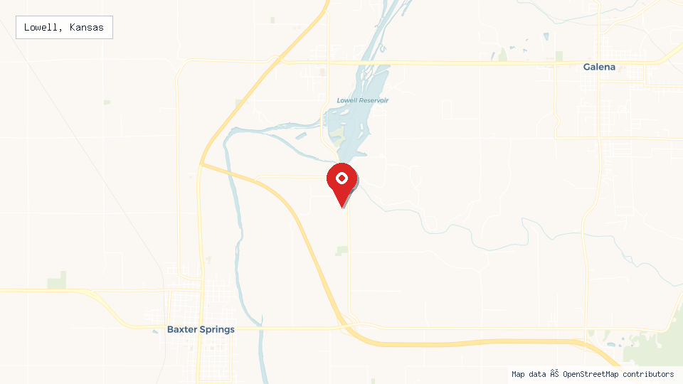 Street map of Lowell, Kansas with location pin