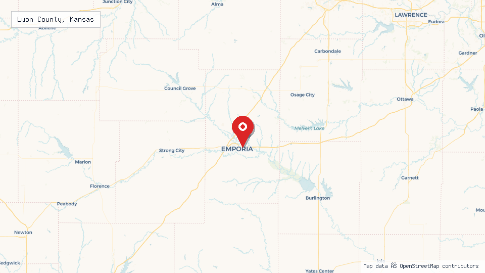 Street map of Lyon County, Kansas with location pin