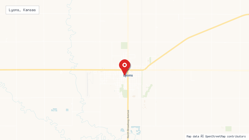 Street map of Lyons, Kansas with location pin