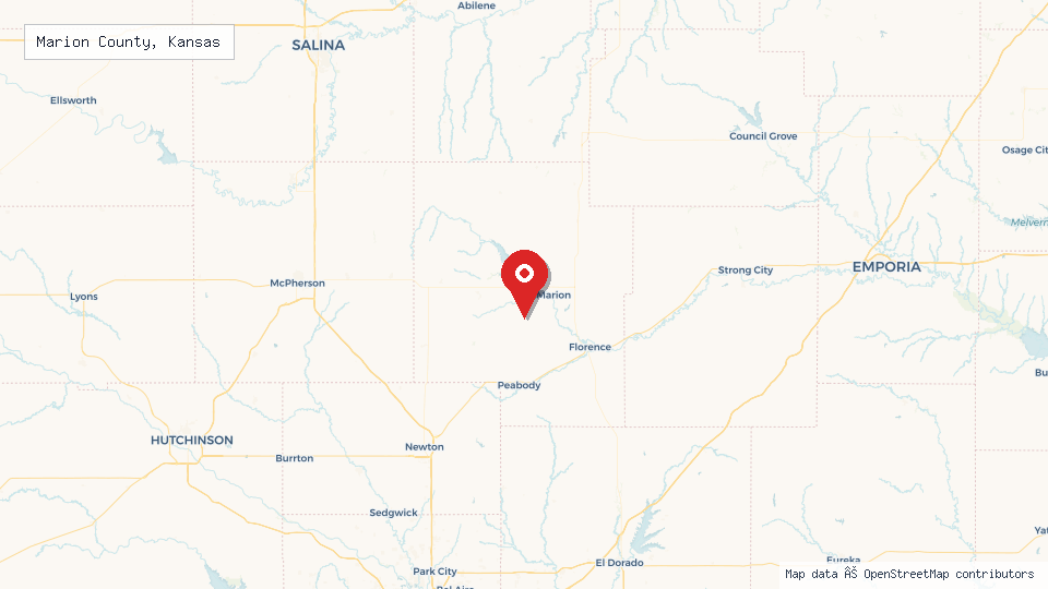 Street map of Marion County, Kansas with location pin