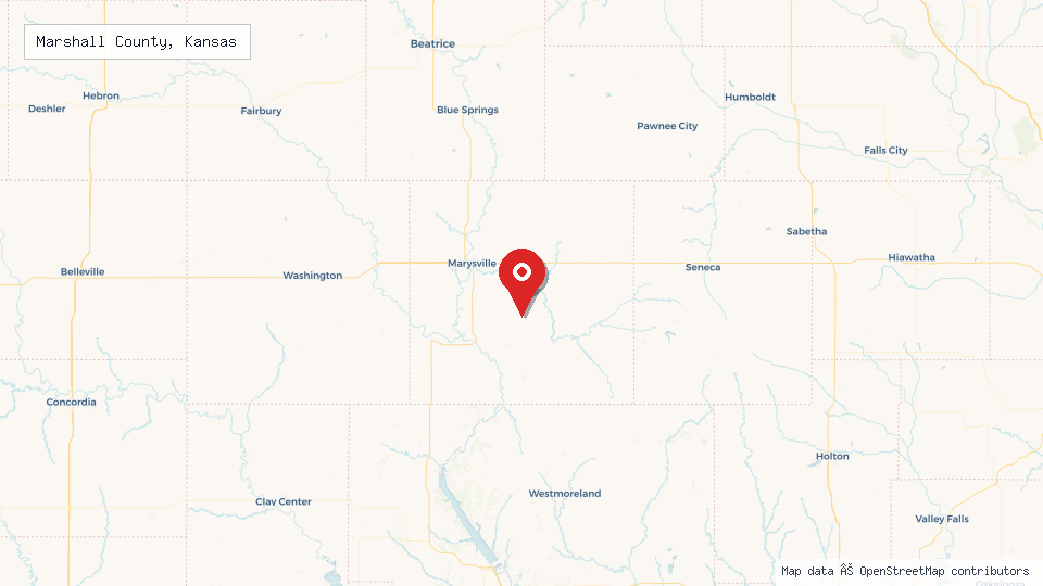 Street map of Marshall County, Kansas with location pin