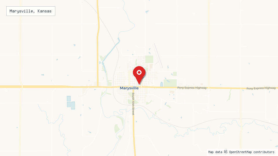Street map of Marysville, Kansas with location pin