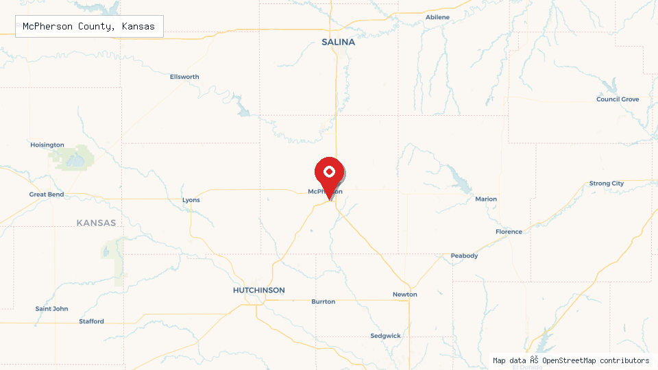 Street map of McPherson County, Kansas with location pin