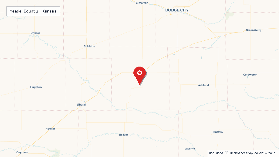 Street map of Meade County, Kansas with location pin