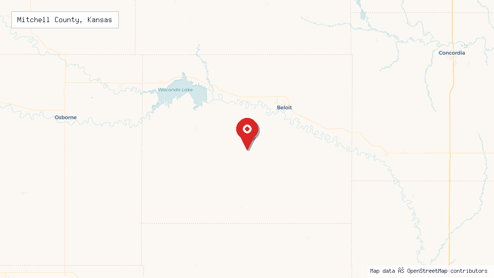 Street map of Mitchell County, Kansas with location pin