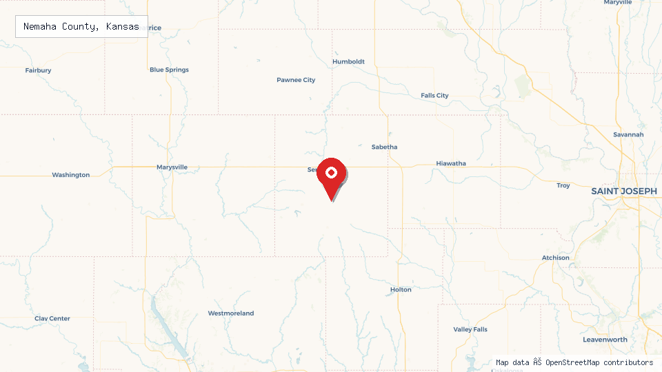 Street map of Nemaha County, Kansas with location pin